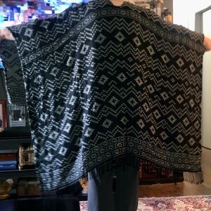 Black and Gray Geometric Aztec Pattern woven knit Poncho